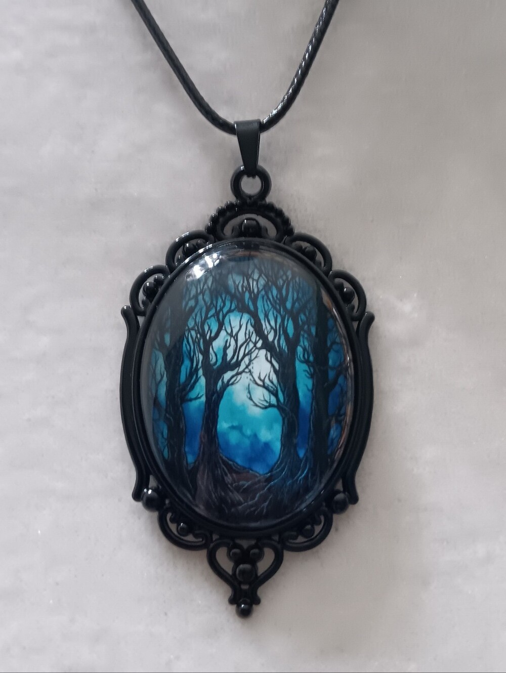 Enchanted Haunted Forest Blue Fantasy Pendant Necklace, Gothic Witchy Fairycore - Picture 2 of 9